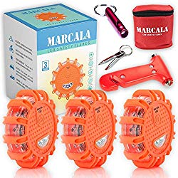 MARCALA LED Road Flares 3-Pack | The Only Roadside Safety Disc Kit with a Whistle | DOT Compliant LED Safety Flare Kit Batteries installed, Carry-Case and 4 Bonus Items | Feel safer on the road!
