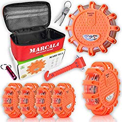 MARCALA LED Road Flares 6-Pack | The Only Roadside Safety Disc Kit with a Whistle | DOT Compliant LED Safety Flares Kit w/Batteries Installed, Carry-Case and 4 Bonus Items | Feel Safer on the Road!