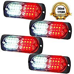 MustBee 24 Led Strobe Lights for Trucks Cars Pickups Construction Emergency Vehicle 12-24v Waterproof Amber Strobe MINI Light with 16 Different Flashing 4PCS (White Red)