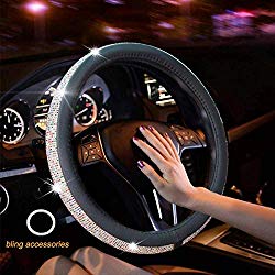 New Diamond Leather Steering Wheel Cover with Bling Bling Crystal Rhinestones, Universal Fit 15 Inch Car Wheel Protector for Women Girls (Black Color Diamond)