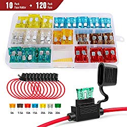Nilight 120 Pcs Standard Blade Fuse 5A/7.5A/10A/15A/20A/25A/30A AMP Assorted Set with 10 Pack 14AWG ATC/ATO Inline Fuse Holder, 2 Years Warranty