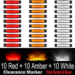 (Pack of 30) LEDVillage 10 pcs Amber + 10 pcs Red + 10 pcs White 3.8″ 6 LED Side Marker Lights, Trailer Marker Lights, Rear Side Marker Lamp, Led Marker Lights for Trucks, Cab Marker, RV Marker Light