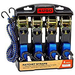 Ratchet Tie Down Straps – 4 Pk – 15 Ft- 500 Lbs Load Cap- 1500 Lb Break Strength- Cambuckle Alternative- Cargo Straps for Moving Appliances, Lawn Equipment, Motorcycle – Includes 2 Bungee Cord