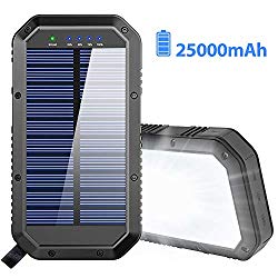 Solar Charger, 25000mAh Battery Solar Power Bank Portable Panel Charger with 36 LEDs and 3 USB Output Ports External Backup Battery for Camping Outdoor for iOS Android (Black)