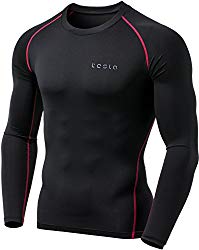 TSLA Men’s Long Sleeve T-Shirt Baselayer Cool Dry Compression Top, Simple(mud01) – Black & Red, Large