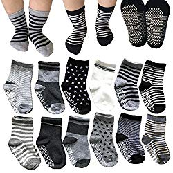 12 Pairs Non Skid Ankle Cotton Socks Baby Walker Boys Girls Toddler Anti Slip Stretch Knit Stripes Star Footsocks Sneakers Crew Socks with Grip for 16-36 Months Baby