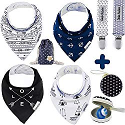 Baby Bandana Drool Bibs by Dodo Babies + 2 Pacifier Clips + Pacifier Case in a Gift Bag, Pack of 4 Premium Quality for Boys or Girls, Excellent Baby Shower/Registry Gift