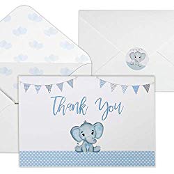 Baby Shower Thank You Cards for Boys. 50 Pack Blue Watercolor Elephant Boys Baby Shower Cards. Cute Thank You Notes with Envelopes & Stickers