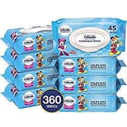 Cottonelle Flushable Toddler Wipes for Kids, 8 Flip-Top Packs, 360 Fragrance-Free Wet Wipes in Disney Packaging, Mickey Mouse
