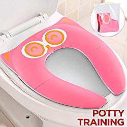 Gimars Non Slip No Falling Travel Folding Portable Potty Training Seat Fits Most Toilets, 6 Large Non-slip Silicone Pad, Home Reusable with Carry Bag for Toddlers Kids Boy Girl, Pink