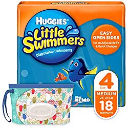 Huggies Little Swimmers Disposable Swim Diapers, Swimpants, Size 4 Medium (24-34 Pound), 18 Count, with Huggies Wipes Clutch ‘N’ Clean Bonus Pack (Packaging May Vary)