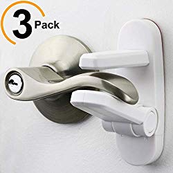 Improved Childproof Door Lever Lock 3-Pack Prevents Toddlers from Opening Doors. Easy One Hand Operation for Adults. Durable ABS with 3M Adhesive Backing. Simple Install, No Tools Needed
