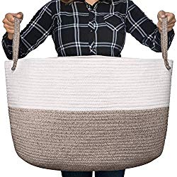 Luxury Little Nursery Storage Basket, Size XXXL :: 100% Cotton Rope Hamper with Handles :: Sturdy Baby Bin Organizer for Laundry, Toys, Blankets, Pillows & More, 22″ x 22″ x 14″, White/Beige