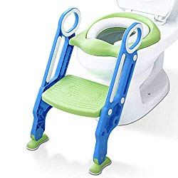 Mangohood Potty Training Toilet Seat with Step Stool Ladder for Boys and Girls Baby Toddler Kid Children Toilet Training Seat Chair with Handles Padded Seat Non-Slip Wide Step (Blue Green)