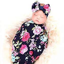Newborn Receiving Blanket Headband Set Flower Print Baby Swaddle Receiving Blankets ga