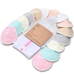 Organic Bamboo Nursing Breast Pads – 14 Washable Pads + Wash Bag – Breastfeeding Nipple Pad for Maternity – Reusable Nipplecovers for Breast Feeding (Pastel Touch, Large 4.8″)