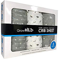 Premium Crib Sheets 3 Pack | Jersey Cotton Fitted Sheets for Boy or Girl | Standard Baby or Toddler Bed Mattress | Grey Arrows, Animals, Trees