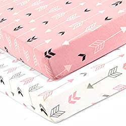 Stretchy Fitted Crib Sheets Set-Brolex 2 Pack Portable Crib Mattress Topper for Baby Girls Boys,Ultra Soft Jersey,Full Standard,Pink & White Arrow