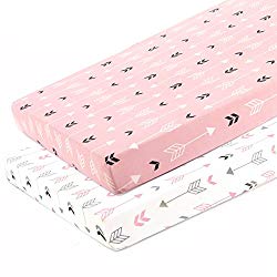 Stretchy Fitted Pack n Play Playard Sheet Set-Brolex 2 Pack Portable Mini Crib Sheets,Convertible Playard Mattress Cover,Ultra Soft Material,Pink & White Arrow Design