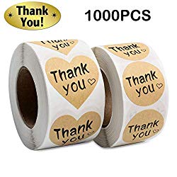 Thank You Stickers Roll 1000pcs Adhesive Labels Kraft Paper with Black Hearts, Decorative Sealing Stickers for Christmas Gifts, Wedding, Party