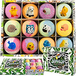 Bath Bombs for Kids with surprise inside – Set of 12 Organic Bubble Bath Fizzies with Jungle Animal toys. Gentle and kids safe Spa Bath Fizz Balls Kit. Birthday or Christmas gift for girls and boys