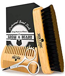 Beard Brush & Comb Set for Men’s Care | Christmas Giveaway Mustache Scissors | Gift Box & Travel Bag | Best Bamboo Grooming Kit to Distribute Balm or Oil for Growth & Styling | Adds Shine & Softness