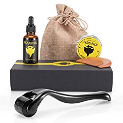 Beard Growth Kit, Derma Roller with Beard Growth Oil Serum for Men Patchy Facial Hair Growth Titanium Microneedle + Balm Wax + Comb, Best Gift for Men