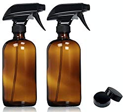 Empty Amber Glass Spray Bottles with Labels (2 Pack) – 16oz Refillable Container for Essential Oils, Cleaning Products, or Aromatherapy – Durable Black Trigger Sprayer w/Mist and Stream Settings
