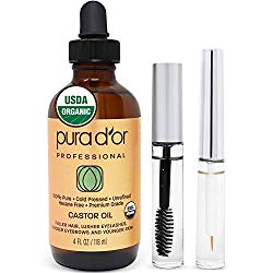 PURA D’OR Castor Oil (4oz) 100% Pure Natural USDA Organic Carrier Oil for Body, Hair Growth, Eyebrows, Eyelashes – Cold Pressed Hexane Free Oil to Moisturize & Heal Dry Skin With Bonus Brush Kits