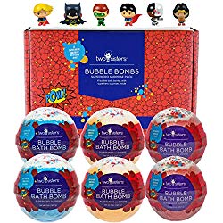 Superhero Bubble Bath Bombs for Kids with Surprise Toys Inside by Two Sisters Spa. Large 99% Natural Fizzies in Gift Box. Moisturizes Dry Sensitive Skin. Releases Color, Scent, and Bubbles.