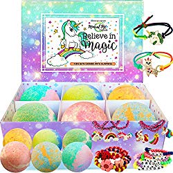 Unicorn Bath bombs for girls with jewelry inside PLUS Jewelry Box for kids. – All Natural and Organic with skin moisturizing Shea Butter. Gentle and Kid Safe Bubble Bath Fizzies with Surprise Toys.