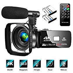 4K Video Camera Camcorder with Microphone Vlogging Camera YouTube Camera Recorder Ultra HD 30FPS 30MP 3.0″ IPS Touch Screen with Lens Hood & 2 Batteries