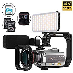 Camcorder 4k Video Camera, ORDRO Real 4K 30FPS Video Camera WiFi IR Night Vision 64X Digital Zoom 4K Ultra HD YouTube Vlogging Camera with Microphone, Wide Angle Lens, Camera Holder and Fill Light