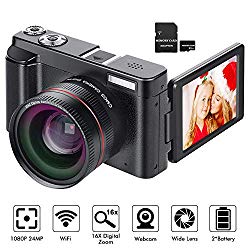 Digital Camera YouTube Vlogging Camera HD 1080P 24MP Video Camcorder 16X Digital Zoom with Wide Angle Lens, WiFi, Pause Function, Face Detection, 3” IPS Screen, 32GB SD Card, 2xBattery