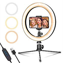 LED Ring Light 10″ with Tripod Stand & Phone Holder for Live Streaming & YouTube Video, Dimmable Desk Makeup Ring Light for Photography, Shooting with 3 Light Modes & 10 Brightness Level