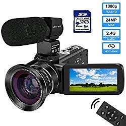 Video Camera 1080P Camcorder with IPS Touch Screen with External Microphone MELCAM Digital YouTube Vlogging Camera with Wide Angle Lens, Remote Control, 32GB SD Card IR Night Vision