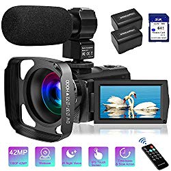 Video Camera Camcorder with Microphone FHD 1080P 30FPS 42MP IR Night Vision Digital Camera For YouTube Vlogging 3 Inch IPS Touch Screen Camcorder Recorder With 64GB SD Card,Remote Controlle, Lens Hood