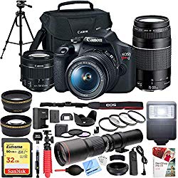 Canon EOS Rebel T7 DSLR Camera with EF 18-55mm with EF 75-300mm Double Zoom Kit Bundle with 500mm Preset Telephoto Lens, 32GB Memory Card, Tripod, Paintshop Pro 2018 and Accessories (10 Items)
