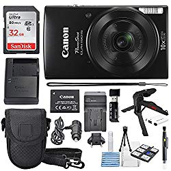 Canon PowerShot ELPH 190 IS Digital Camera (Black) with 10x Optical Zoom and Built-In Wi-Fi with 32GB SDHC + Flexible tripod + AC/DC Turbo Travel Charger + Replacement battery + Protective camera case