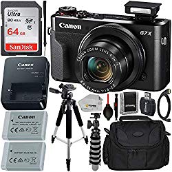 Canon PowerShot G7 X Mark II Digital Camera (Black) with Essential Accessory Bundle – Includes: SanDisk Ultra 64GB SDXC Memory Card, 1x Replacement Battery, 57″ Tripod, Carrying Case & More