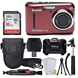 Kodak PIXPRO FZ43 Digital Camera (Red) + 16GB Memory Card + Deluxe Point and Shoot Camera Case + Extendable Monopod + Lens Cleaning Pen + LCD Screen Protectors + Table Top Tripod – Top Valued Bundle