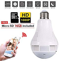 NAIYO Light Bulb Camera,Include 16GB Card 1080P WiFi Security Camera, 2MP Wireles IP LED Cam,360 Degrees Panoramic VR Indoor/Outdoor Home Surveillance Cameras,Motion Detection/Night Vision/Alarm