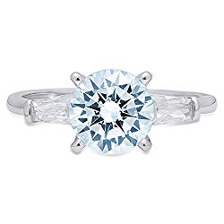1.97ct Round Baguette Cut 3 stone Solitaire Aquamarine Blue Simulated Diamond CZ VVS1 Designer Modern Statement with accent Ring Solid 14k White Gold Clara Pucci