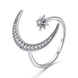 Angol Crescent Moon Star Adjustable Ring, 925 Sterling Silver Moon Ring Cubic Zirconia Opening Ring Jewelry Gift for Women Teens with Gift Box