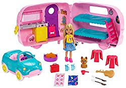Barbie Club Chelsea Camper Playset with Chelsea Doll, Puppy, Car, Camper, Firepit, Guitar and 10 Accessories, Gift for 3 to 7 Year Olds