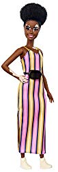 Barbie Fashionistas Doll with Vitiligo and Curly Brunette Hair Wearing Striped Dress and Accessories, for 3 to 8 Year Olds