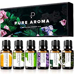 Essential oils by PURE AROMA 100% Pure Therapeutic Grade Oils kit- Top 6 Aromatherapy Oils Gift Set-6 Pack, 10ML(Eucalyptus, Lavender, Lemon grass, Orange, Peppermint, Tea Tree)