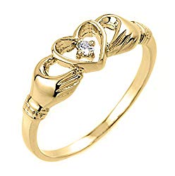 High Polish 10k Yellow Gold Diamond Solitaire Claddagh Ring