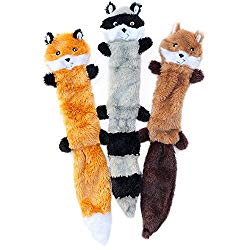 ZippyPaws – Skinny Peltz No Stuffing Squeaky Plush Dog Toy, Fox, Raccoon, and Squirrel – Large