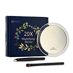 20x Magnifying Mirror with 3 Suction Cups, Use for Makeup Application, Tweezing, and Blackhead/Blemish Removal.Comes with 1PC Storage Bag, 1PC Tweezer, 1PC Reminder Card. 4Inches.